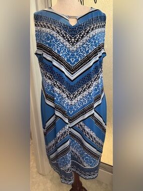 JM Collection Blue & White Chevron Sleeveless Midi Dress 3X $40 BNWT